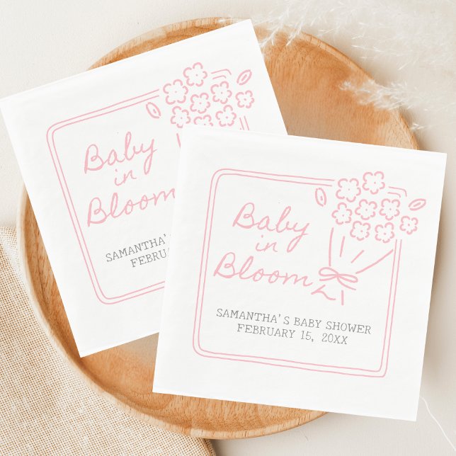 Baby in Bloom -barnkalas Pappersservett (Hand Drawn Baby in Bloom Baby Shower Napkin)