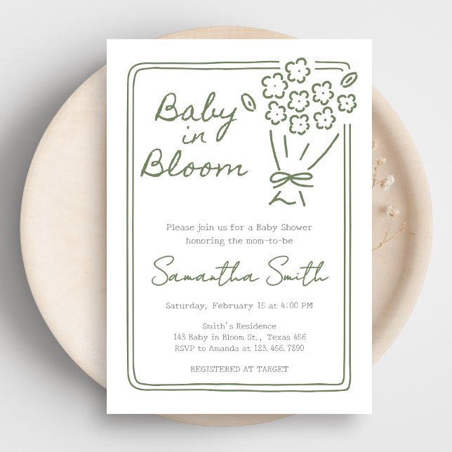 Baby In Bloom Barnrumsfest Inbjudningar (Green Hand Drawn Baby in Bloom Baby Shower Invitation)