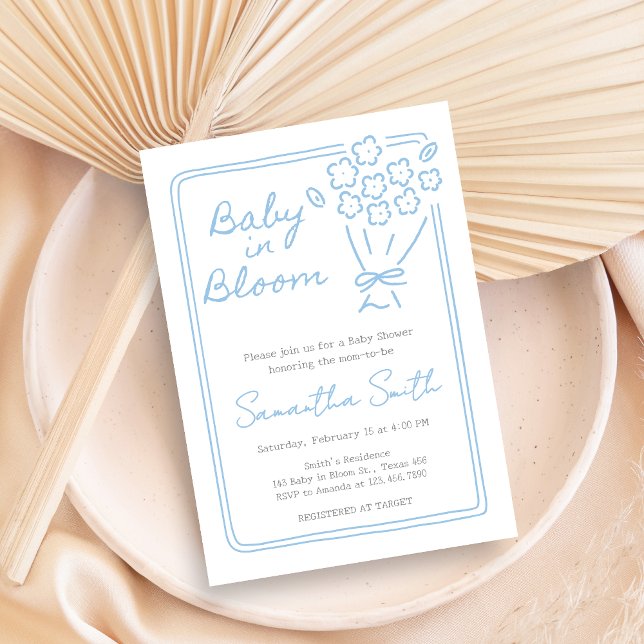 Baby In Bloom Barnrumsfest Inbjudningar (Blue Hand Drawn Baby in Bloom Baby Shower Invitation)