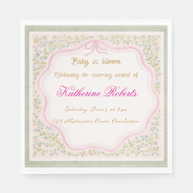 Baby in Bloom -bebisfest, Elegant blomsterdesign Pappersservett (Framsidan)