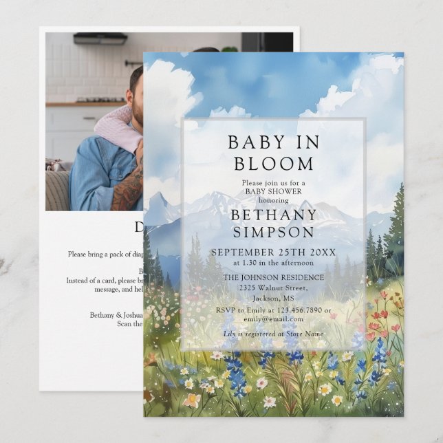 Baby In Bloom Berg Foto QR-kod Baby Shower Inbjudningar (Fram/baksida)