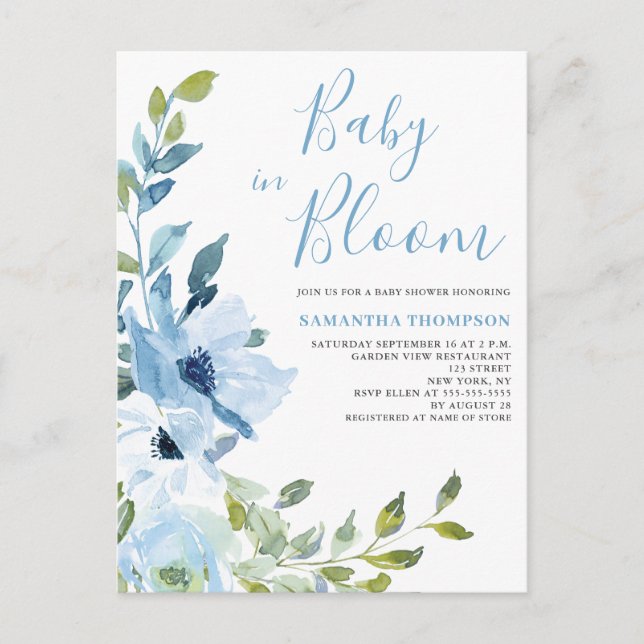 Baby In Bloom Blå Blommig Baby Shower Vykort (Framsida)