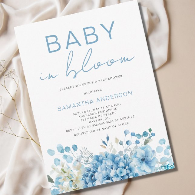 Baby In Bloom Blå Blommig Pojke Baby Shower  Inbjudningar (Skapare uppladdad)