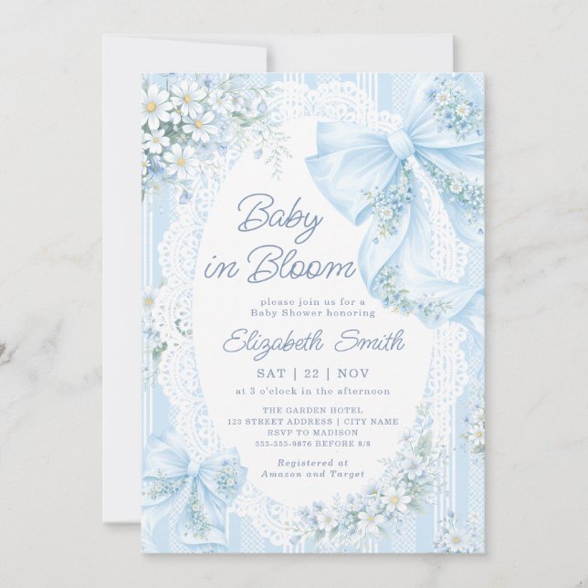 Baby in Bloom Blå Slinga Blommig Spets Barnkalas Inbjudningar (Framsida)