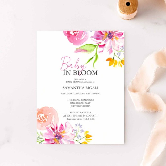 Baby In Bloom Blommig akvarelldusch Inbjudningar (Pink floral baby shower invitation features unique watercolor art by Victoria Grigaliunas)