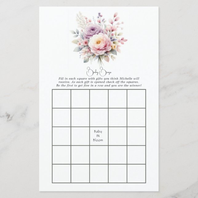 Baby in Bloom Blommig Baby Shower Bingo Spel (Framsida)