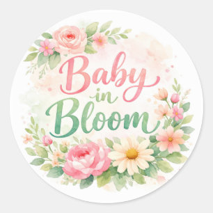 Baby in Bloom Blommig Flickig Bebisfest Runt Klistermärke