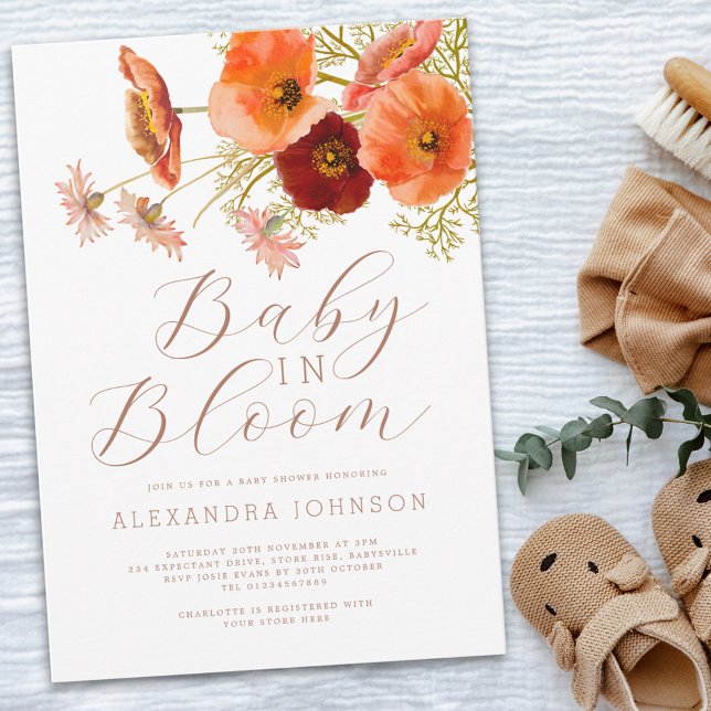 Baby in Bloom Blommig Höst Baby Shower Inbjudningar (Boho fall floral baby shower invitation elegant script watercolor flowers orange brown terracotta )