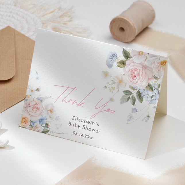 Baby In Bloom Blommig Rosa Bebis Shower Tack Kort (Skapare uppladdad)