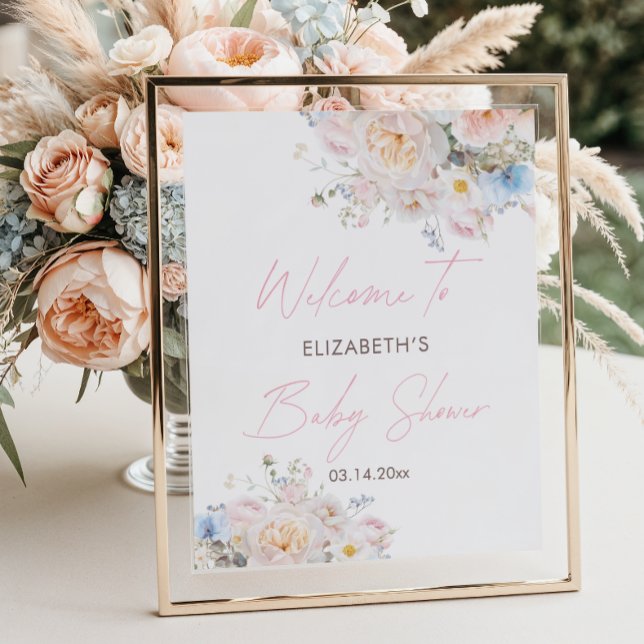Baby in Bloom Blommig Rosa Bebis Shower Välkomstsk Poster (Skapare uppladdad)