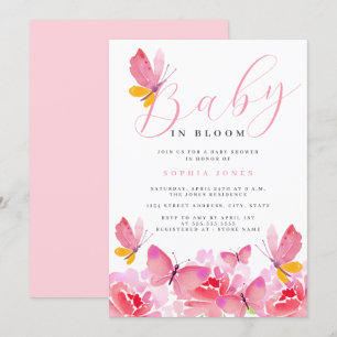 Baby in Bloom Blommig Rosa Fjäril Bebis Shower Inbjudningar