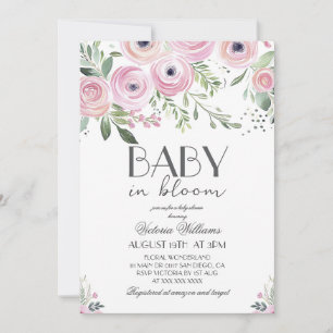 Baby In Bloom Blommig Rosa Flickebarndag Inbjudningar