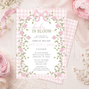 Baby in Bloom Blommig Rosa Gingham Barnkalas Inbjudningar