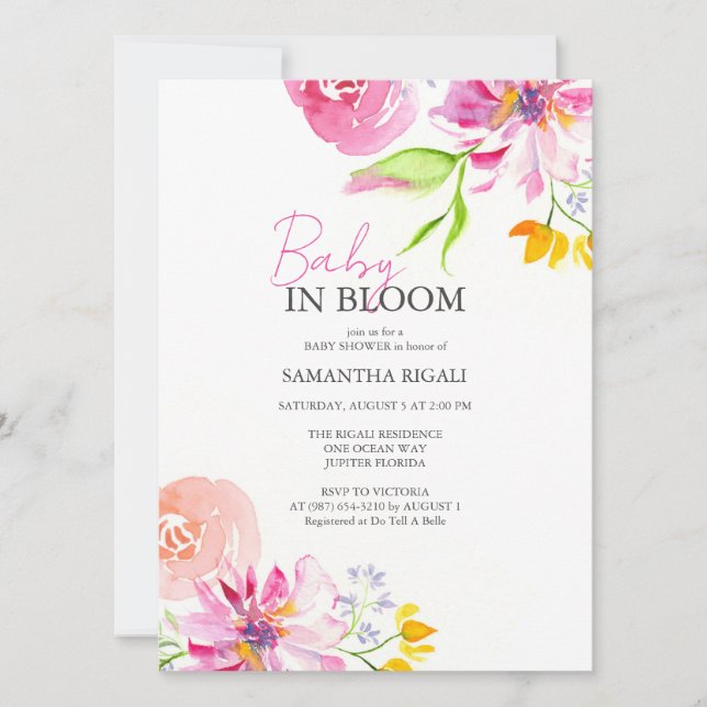 Baby In Bloom Blommig Vattenfärg Dusche Inbjudningar (Framsida)