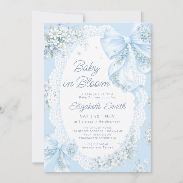 Baby in Bloom Blue Bow Floral Boy Baby Shower Inbjudningar (Framsida)
