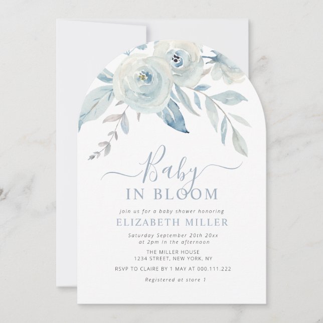 Baby in bloom blue floral baby shower inbjudningar (Framsida)