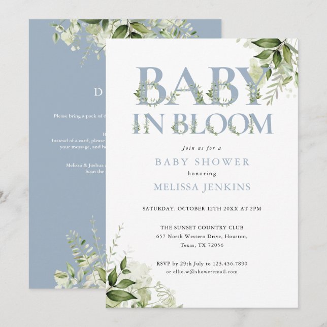 Baby In Bloom Blue Greenery All In One Baby Shower Inbjudningar (Fram/baksida)