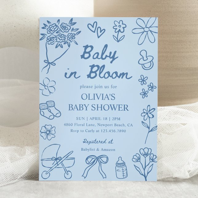 Baby in Bloom Blue Hand Drawn Boy Baby Shower Inbjudningar (Skapare uppladdad)