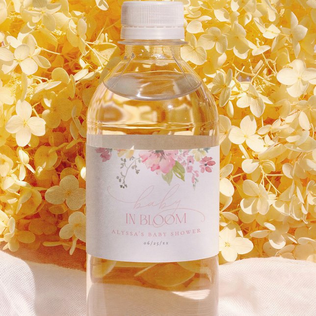 Baby in Bloom Boho Rosa Blommig Flick Bebis Kalas Vattenflaskor Etikett (Skapare uppladdad)