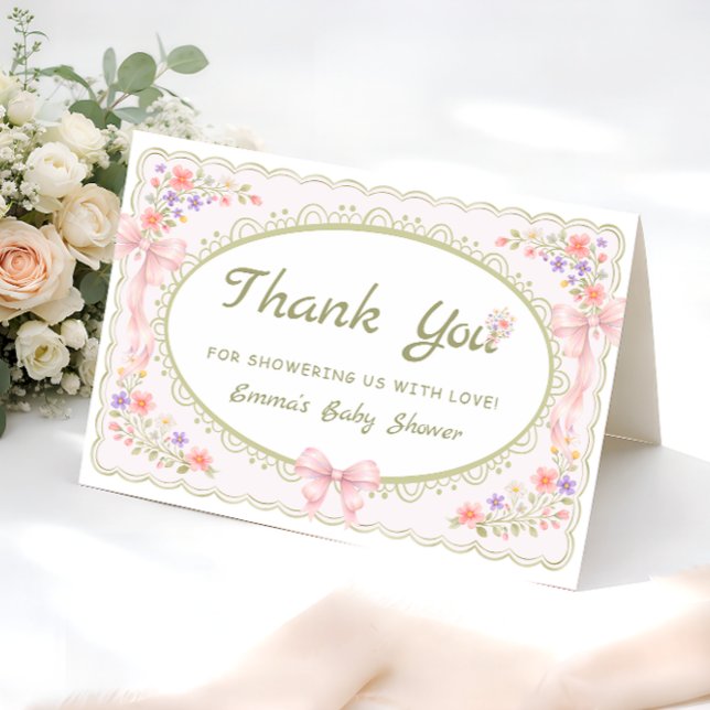 Baby in Bloom Bow Baby Shower Thank You Card Tack Kort (Skapare uppladdad)