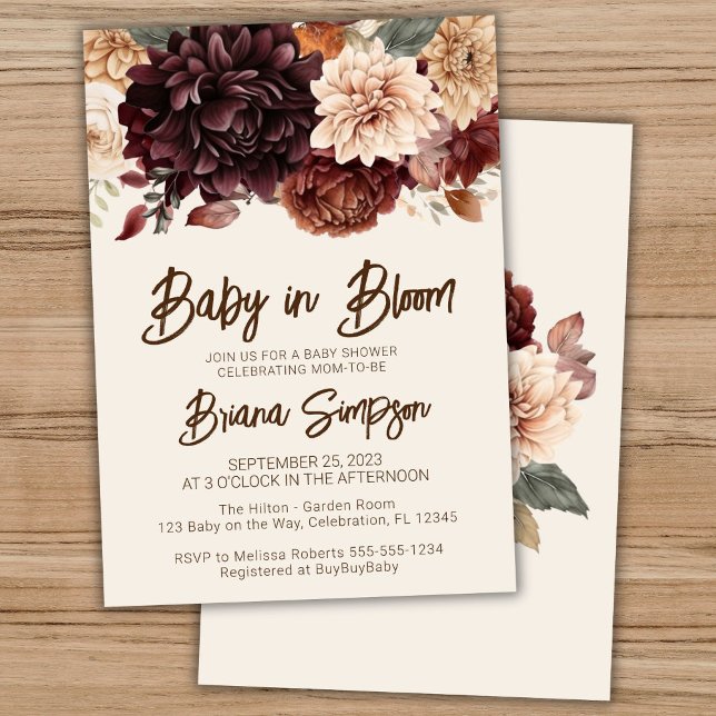 Baby in Bloom Brun Beige Elfenbensvit Blommig Barn Inbjudningar (Skapare uppladdad)