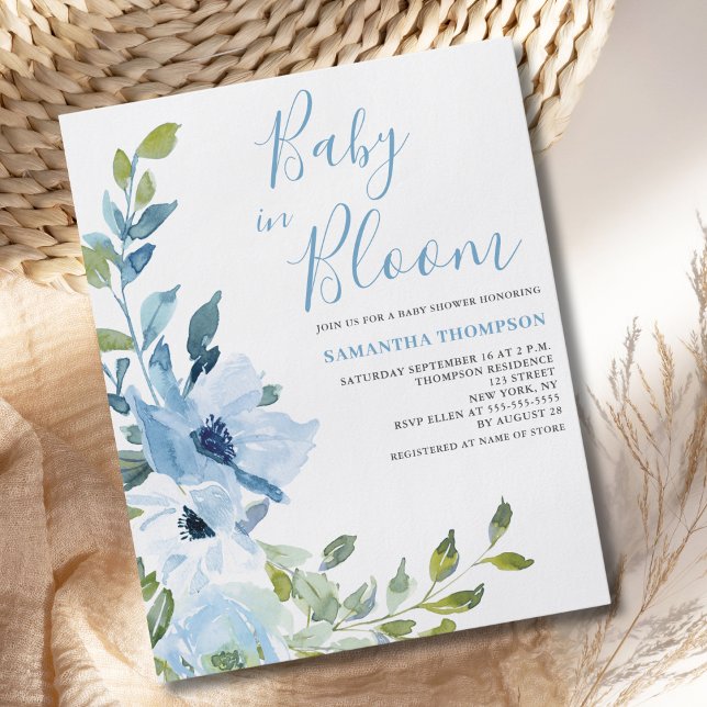 Baby In Bloom Budget Blå Blommig Shower Inbjudan Flygblad (Skapare uppladdad)