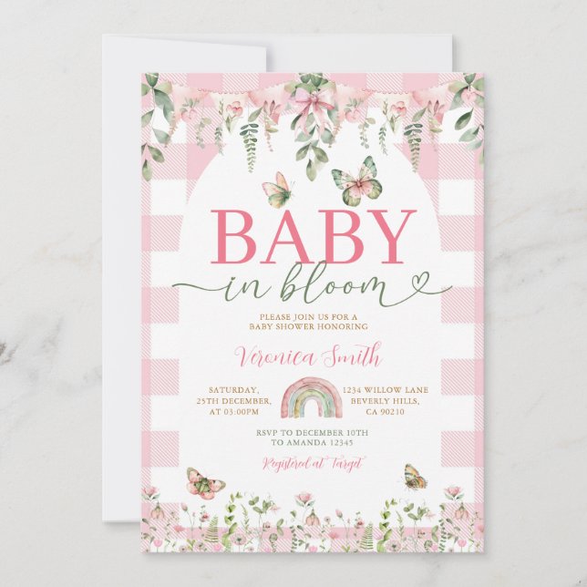 Baby in Bloom Butterfly Pink Bow Baby Shower Inbjudningar (Framsida)