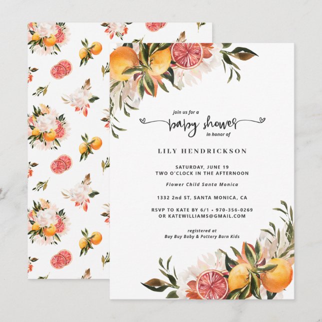 Baby in Bloom | Citrus Baby Shower Inbjudan (Fram/baksida)