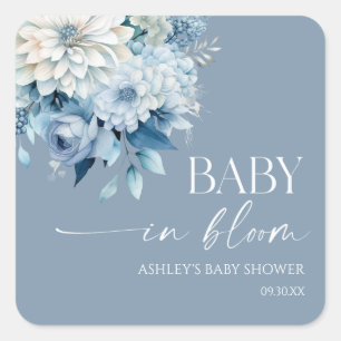 Baby In Bloom Dammblå Blommig Bebis Bebis Shower Fyrkantigt Klistermärke