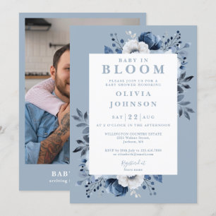 Baby In Bloom Dammblå Blommig Foto Babykalas Inbjudningar