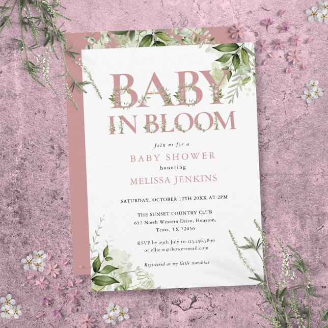 Baby In Bloom Dammros Rosa Grönska Barnkalas Inbjudningar (Baby In Bloom Dusty Rose Pink Greenery Baby Shower Invitation)