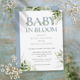 Baby In Bloom Dammtig Blå Grönska Barnkalas Inbjudningar