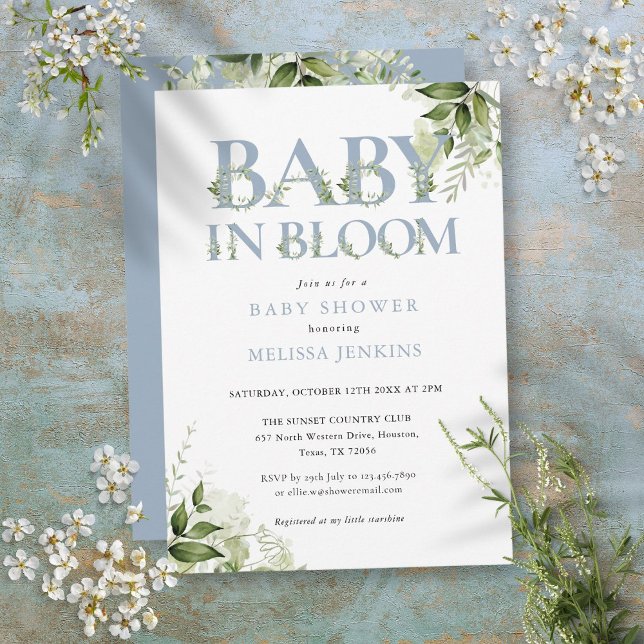 Baby In Bloom Dammtig Blå Grönska Barnkalas Inbjudningar (Baby In Bloom Dusty Blue Greenery Baby Shower Invitation)