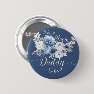Baby In Bloom Eleganta Blå Blommor Blivande Pappa Knapp