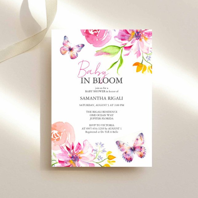 Baby In Bloom Fjäril Blommig Akvarell Dusch Inbjudningar (Butterfly and floral baby shower invitations feature unique watercolor art by Victoria Grigaliunas)