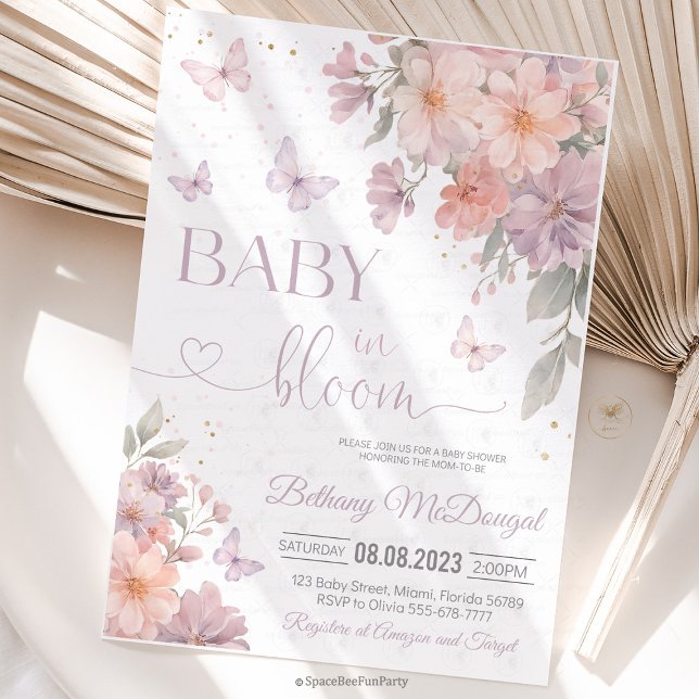 Baby in Bloom Fjäril Vildblomma Bebisens Första Da Inbjudningar (Babby in Bloom Butterfly Baby Shower Invitation  Pink Purple Butterflies Wildflower Garden )
