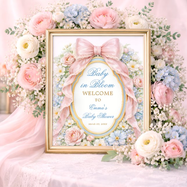 Baby in Bloom Floral Pink Bow Baby Shower Welcome Poster (Skapare uppladdad)
