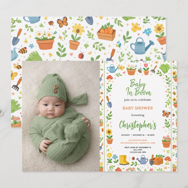 Baby in Bloom Garden Baby Shower | Söt Blomma Inbjudningar (Fram/baksida)