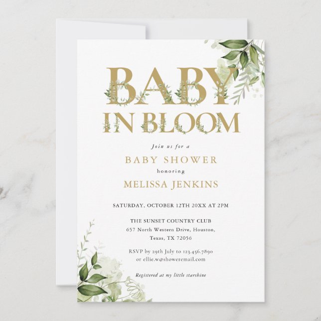Baby In Bloom Guldgrönska Barnkalas Inbjudningar (Framsida)