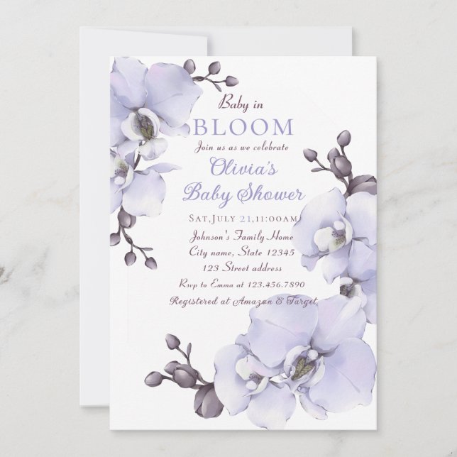 Baby in Bloom Lavender Orchid Baby Shower Invitati Inbjudningar (Framsida)