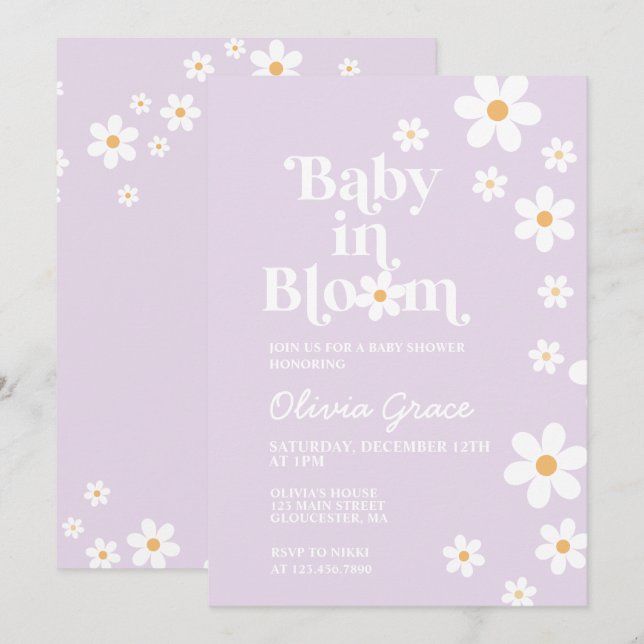 Baby in Bloom lila Daisy Bebisens Invitation Inbjudningar (Fram/baksida)