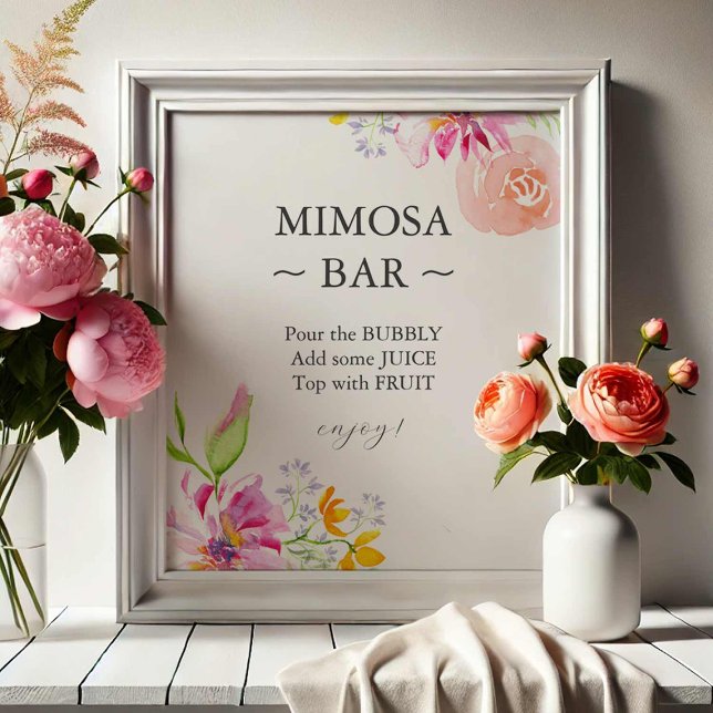 Baby In Bloom Mimosa Bar skylt (baby in bloom party signs features a mimosa bar sign with vibrant pink flowers.)