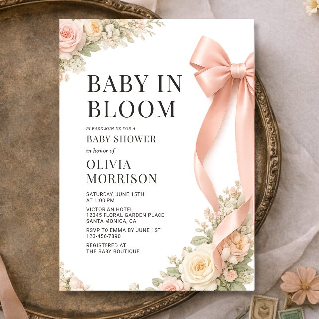 Baby In Bloom Pink Bow Coquette Baby Shower Inbjudningar (Skapare uppladdad)
