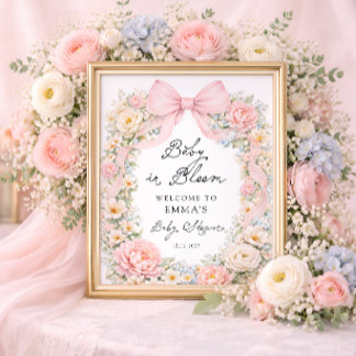 Baby in Bloom Pink Bow Floral Baby Shower Welcome Poster