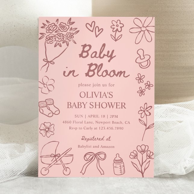 Baby in Bloom Pink Hand Drawn Girl Baby Shower Inbjudningar (Skapare uppladdad)