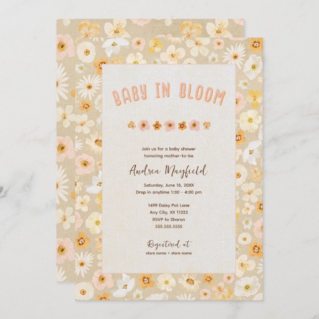 Baby in Bloom pressed flowers baby shower Inbjudningar (Fram/baksida)