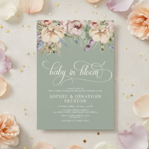 Baby In Bloom QR Sagegrön Vildblomma Barnkalas Inbjudningar