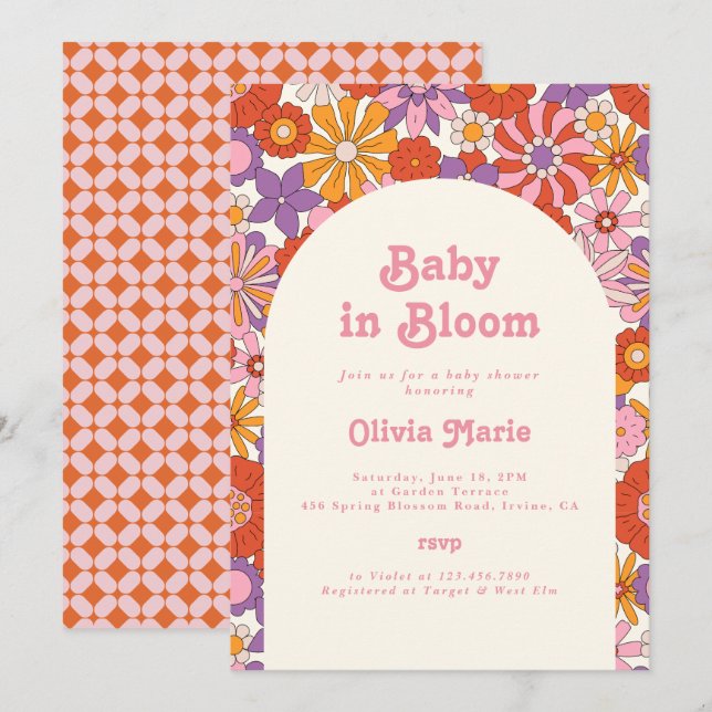 Baby in Bloom Retro Groovy Blommig Bebis-fest Inbjudningar (Fram/baksida)