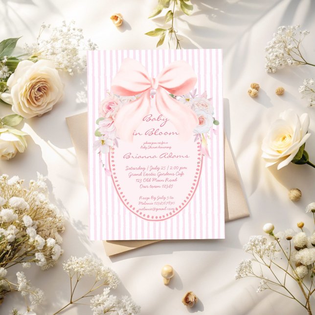 Baby in bloom retro preppy bow baby shower inbjudningar (Baby in bloom retro pink stripes preppy bow girls baby shower invitation cards template)