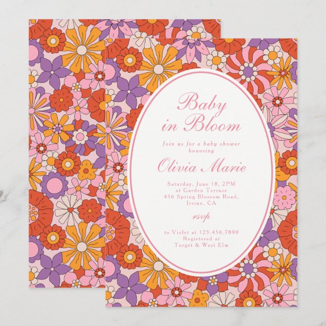 Baby in Bloom Retro Rosa Groovy Barnrumsfirande Inbjudningar (Fram/baksida)